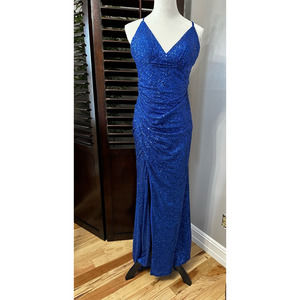 La Femme Womens Gown Dress Blue Tied Maxi V Neck Sleeveless Sequin Zip 6 New